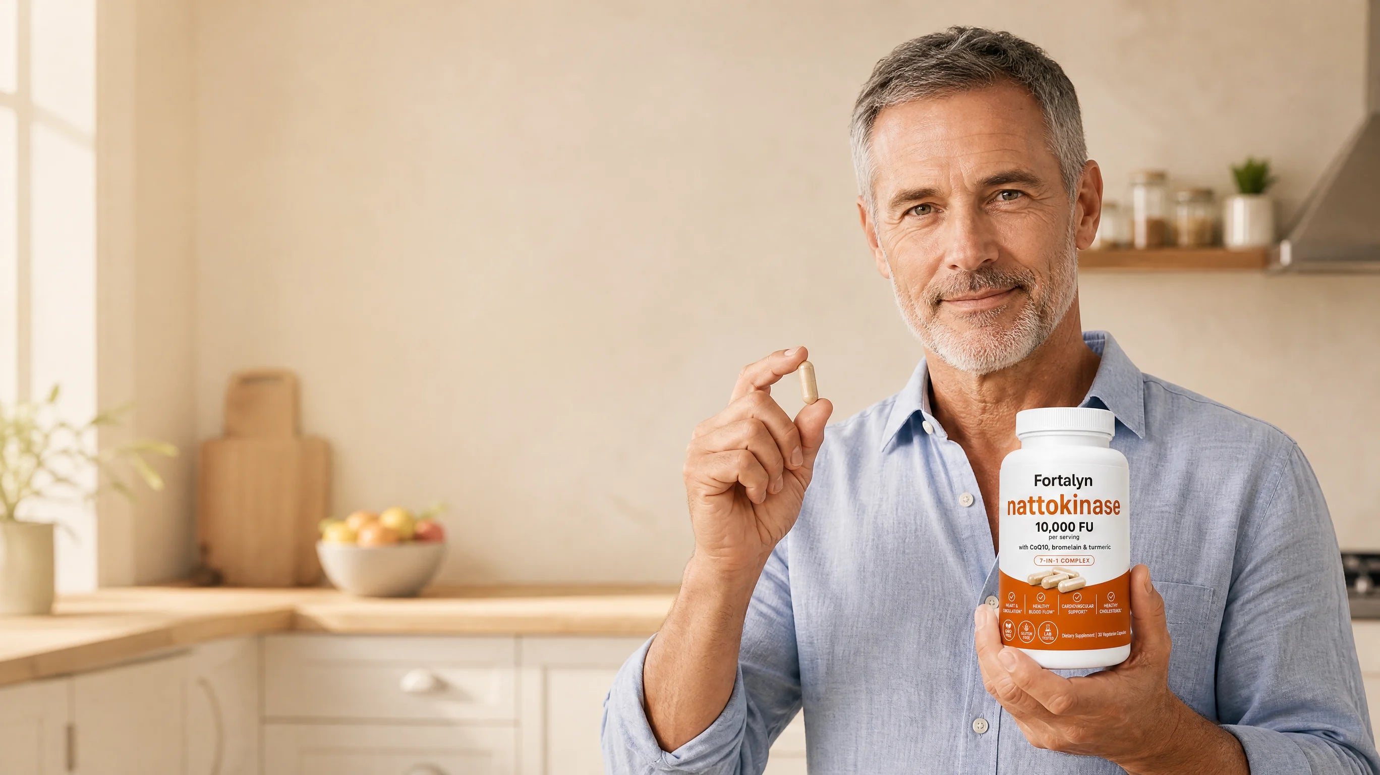 Man holding a bottle of Fortalyn Nattokinase 10,000 FU